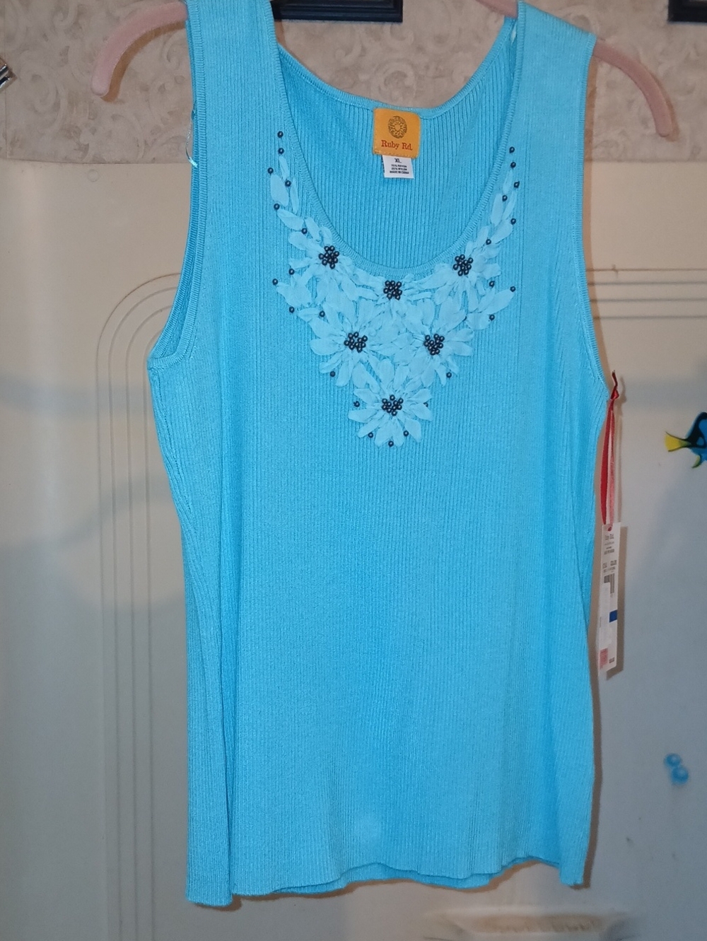 Ruby Rd. Turquoise Floral Applique Ribbed Tank New!